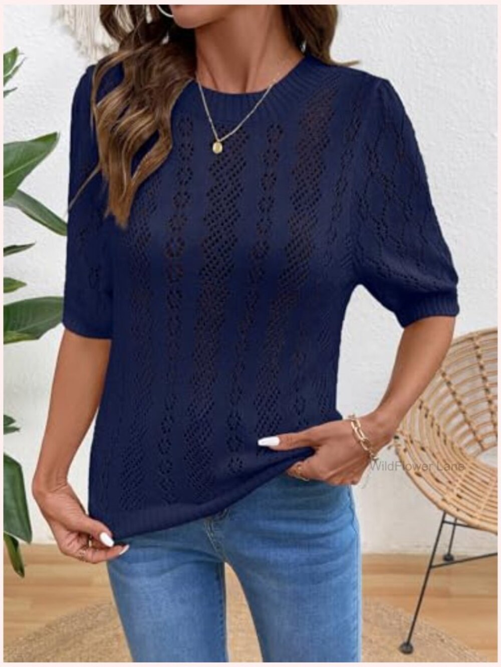 Casual Crewneck Hollow Out Short Sleeve Crochet Summer Blouse - Picture 3 of 7